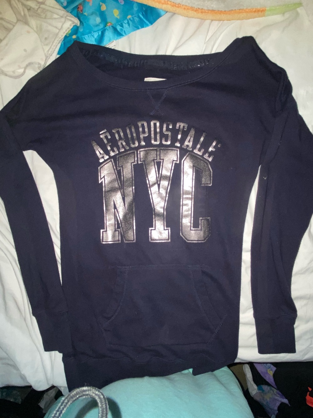 Aeropostale Navy Scoop Neck Pullover with Metallic NYC Logo